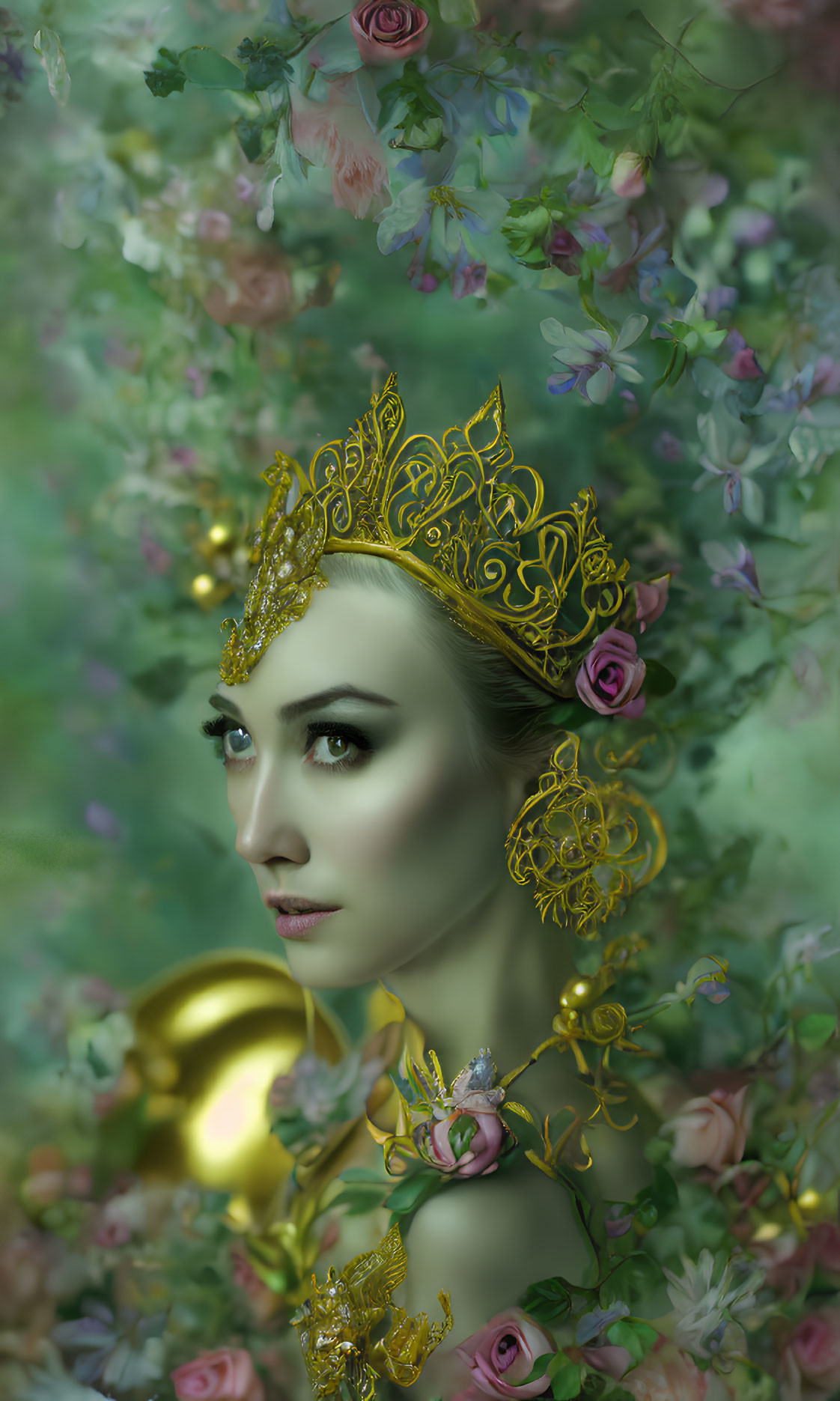 Woman with Golden Crown Surrounded by Greenery and Roses