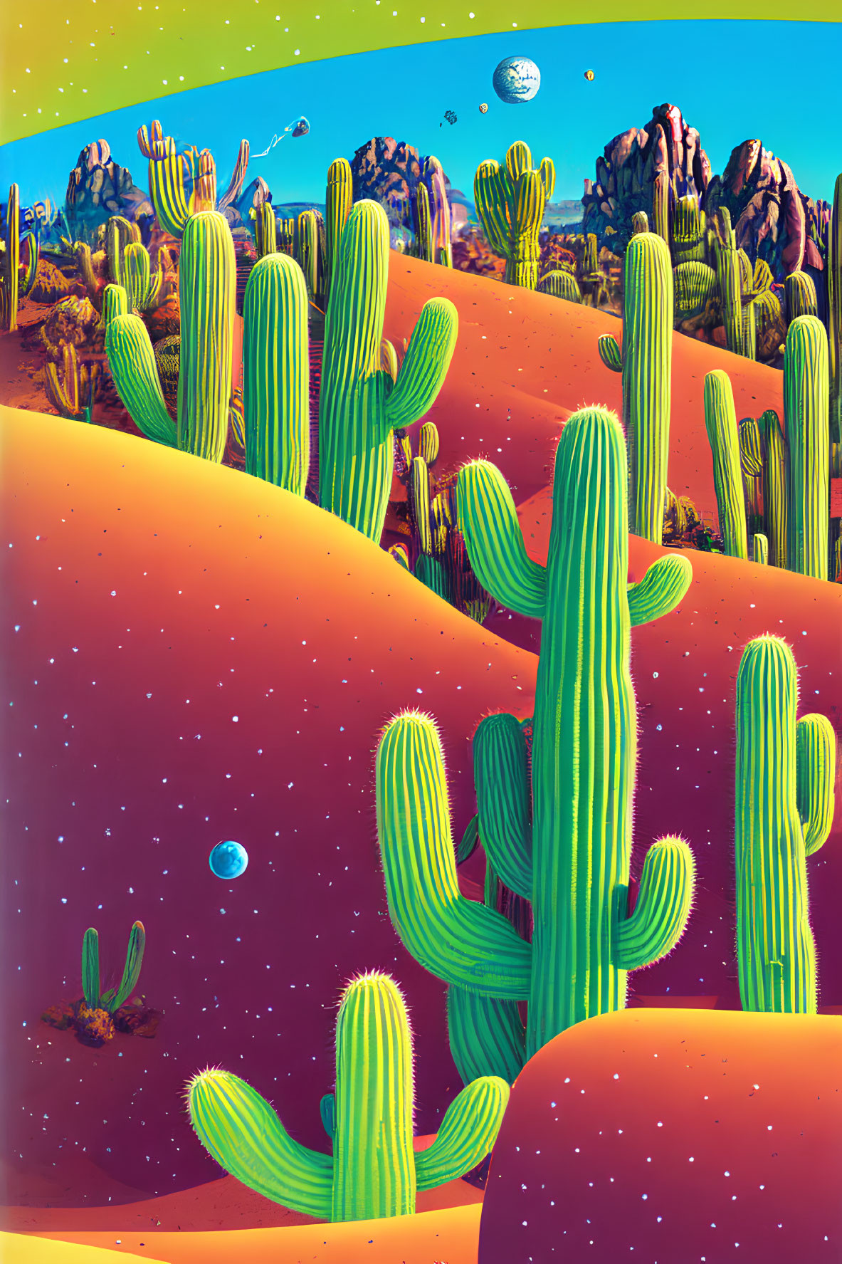 Colorful desert landscape with tall cacti and alien-like plants under blue sky