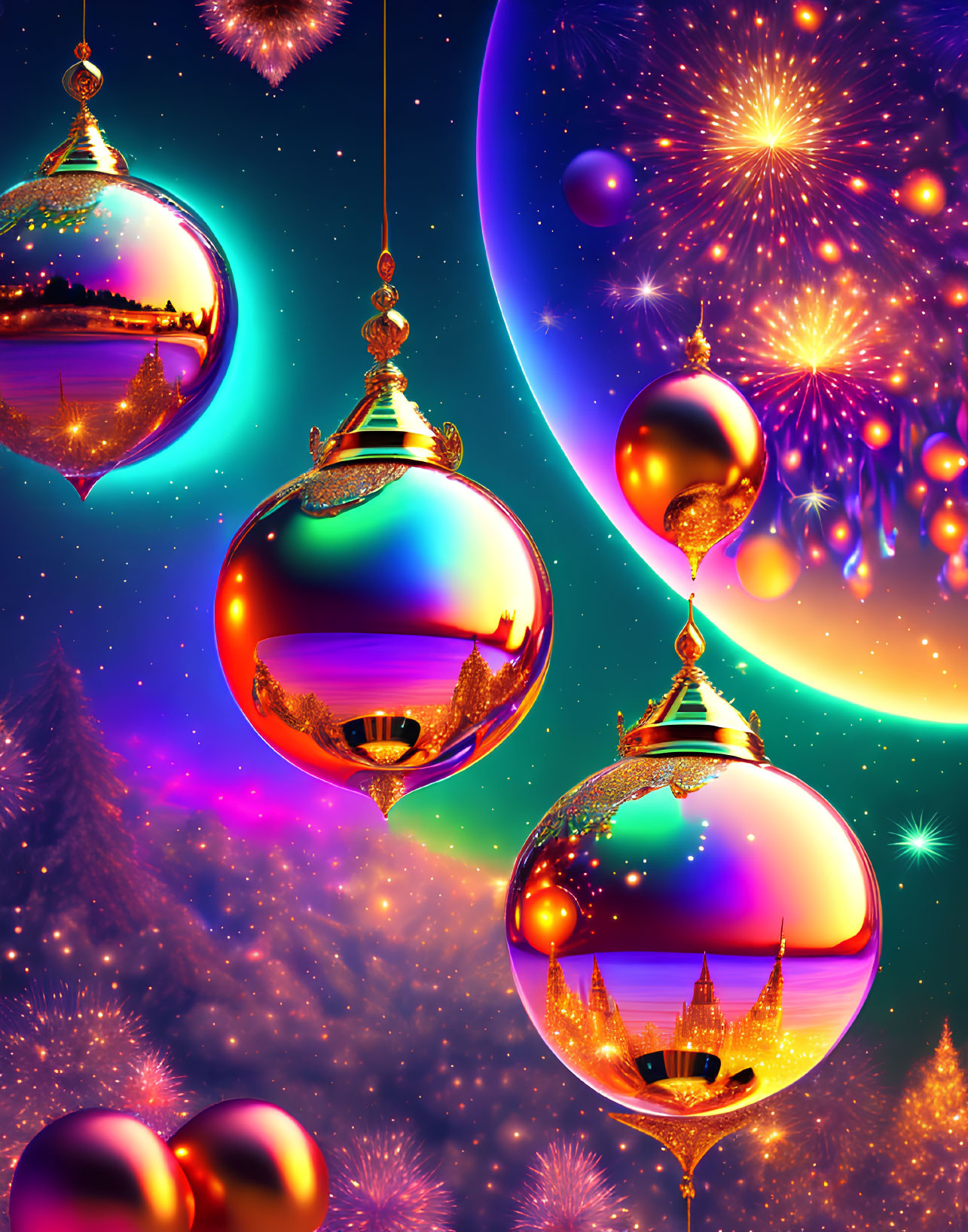 Colorful Christmas Ornaments Reflect Starry Sky and Fireworks