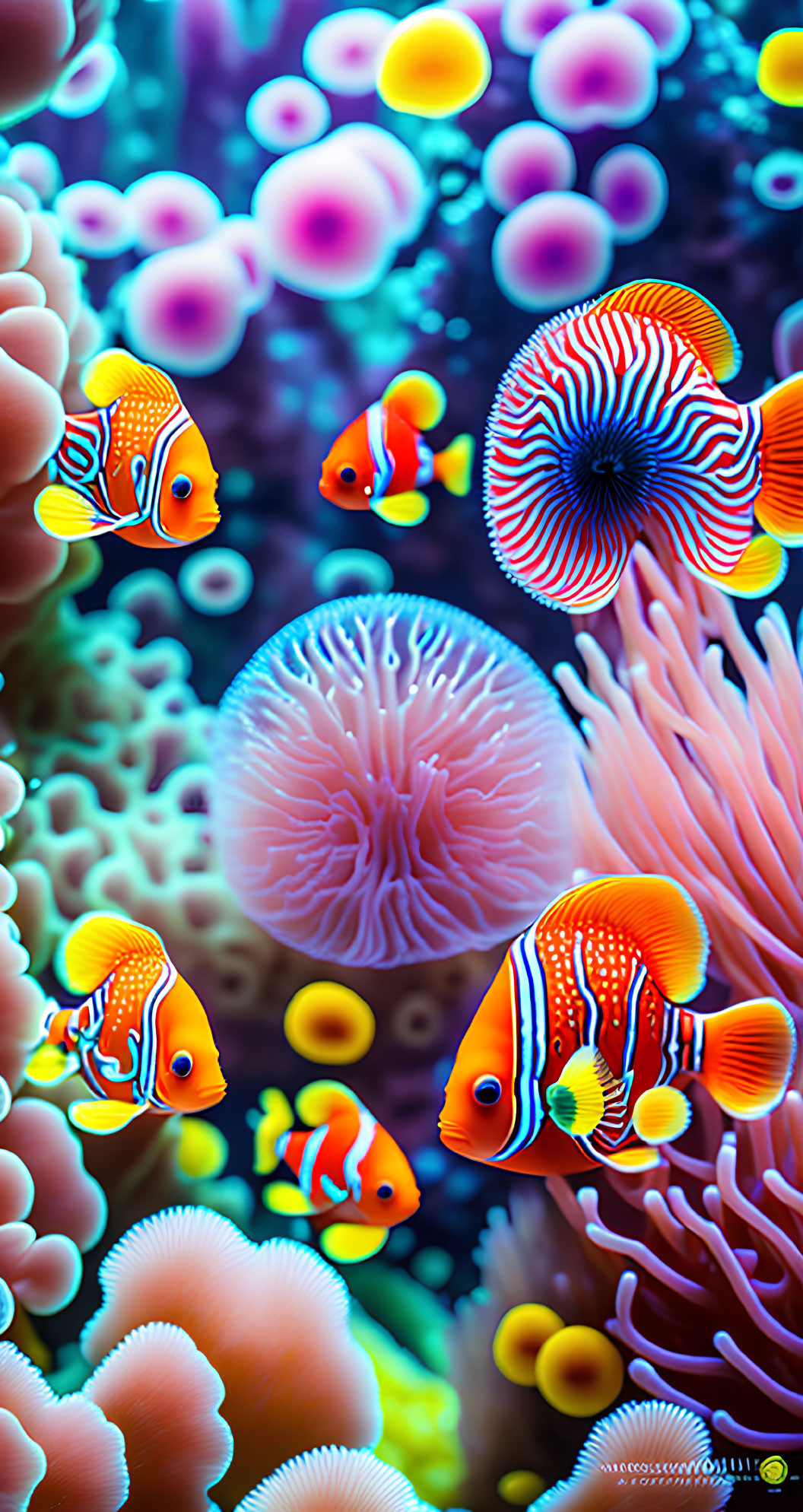 Vibrant Clownfish and Discus Fish in Colorful Underwater Scene