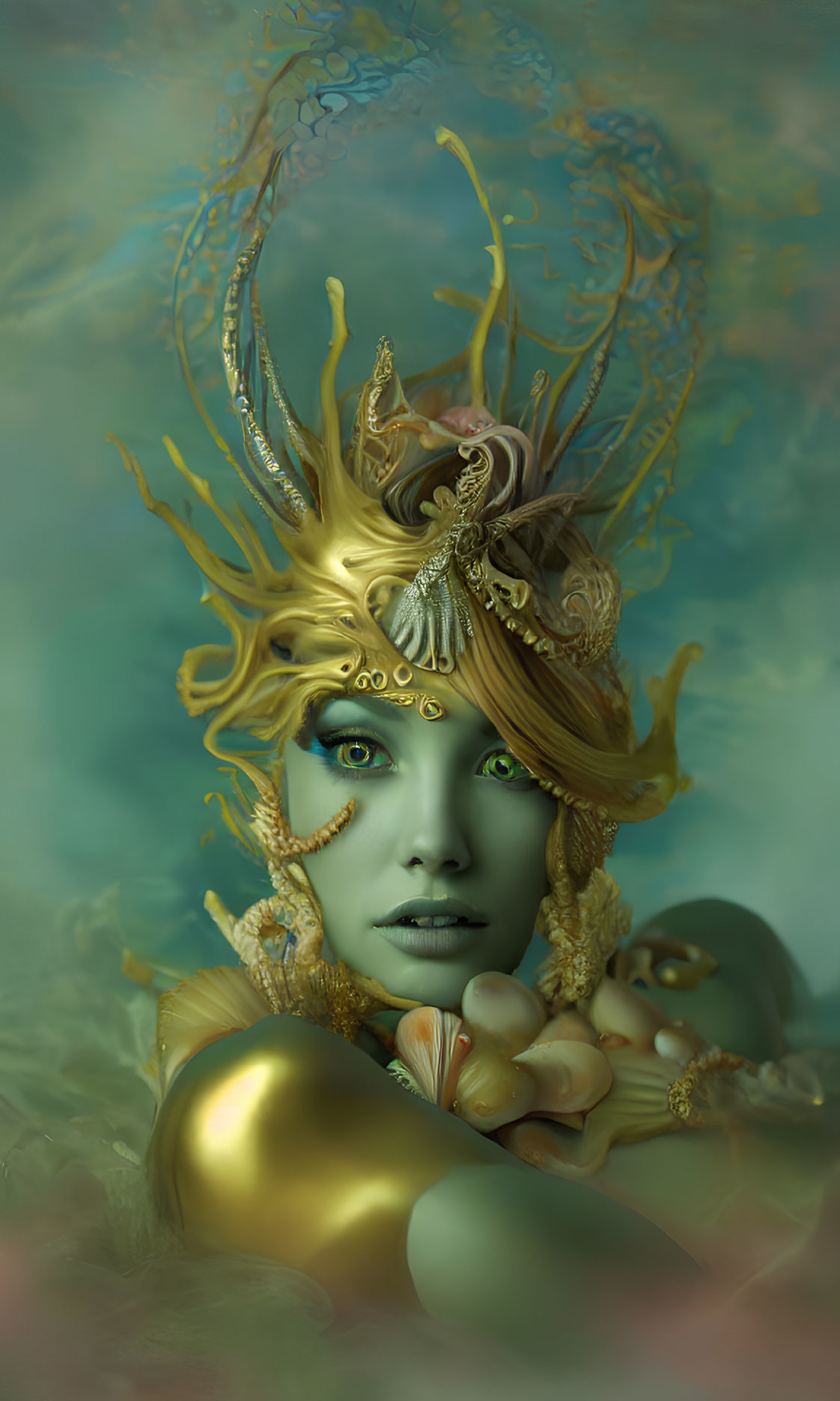 Elaborate Golden Headgear Portrait on Soft Green Background