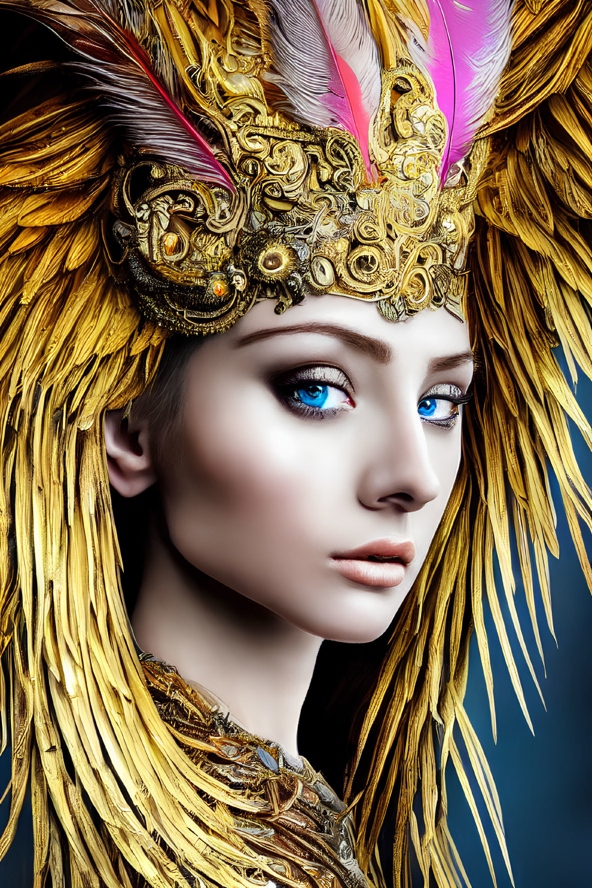 Woman with Striking Blue Eyes in Ornate Golden Feathered Headdress