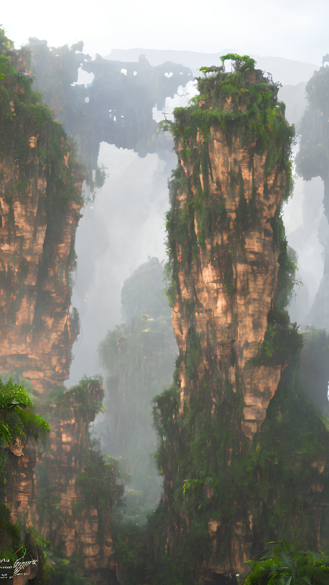 Mist-covered sandstone pillars in lush green foliage