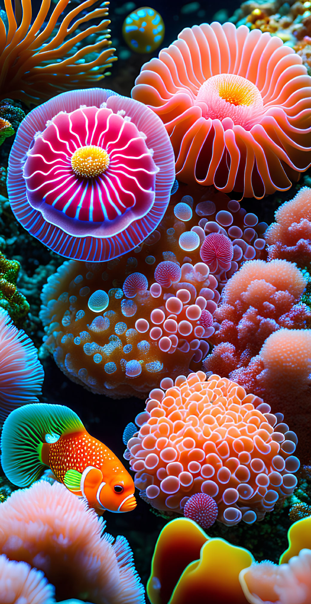 Colorful Underwater Scene with Sea Anemones and Clownfish
