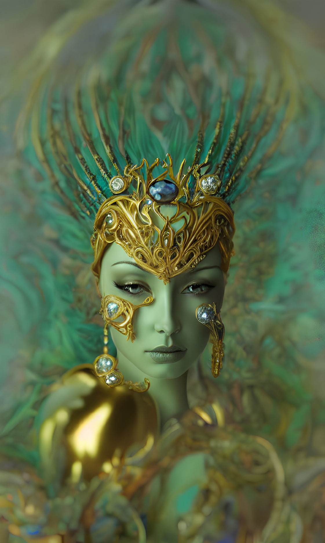 Green-skinned regal figure with golden crown and orb on pastel backdrop.