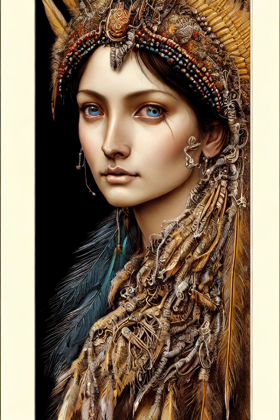 Detailed Illustration of Person with Ornate Headdress and Striking Blue Eyes