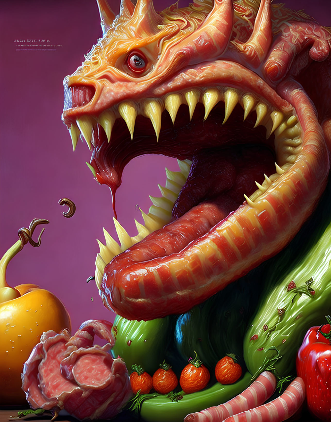 Colorful Dragon Illustration with Intricate Scales and Sharp Teeth Surrounded by Fruit and Meat