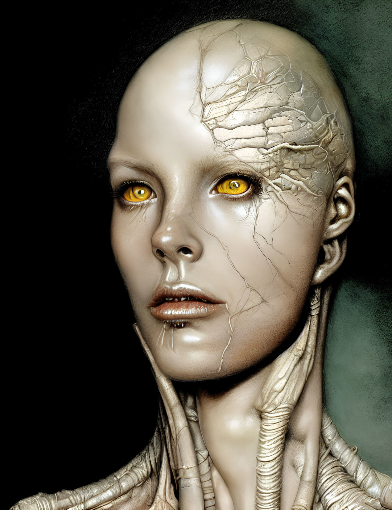 Metallic-faced humanoid with yellow eyes and cable-like neck.
