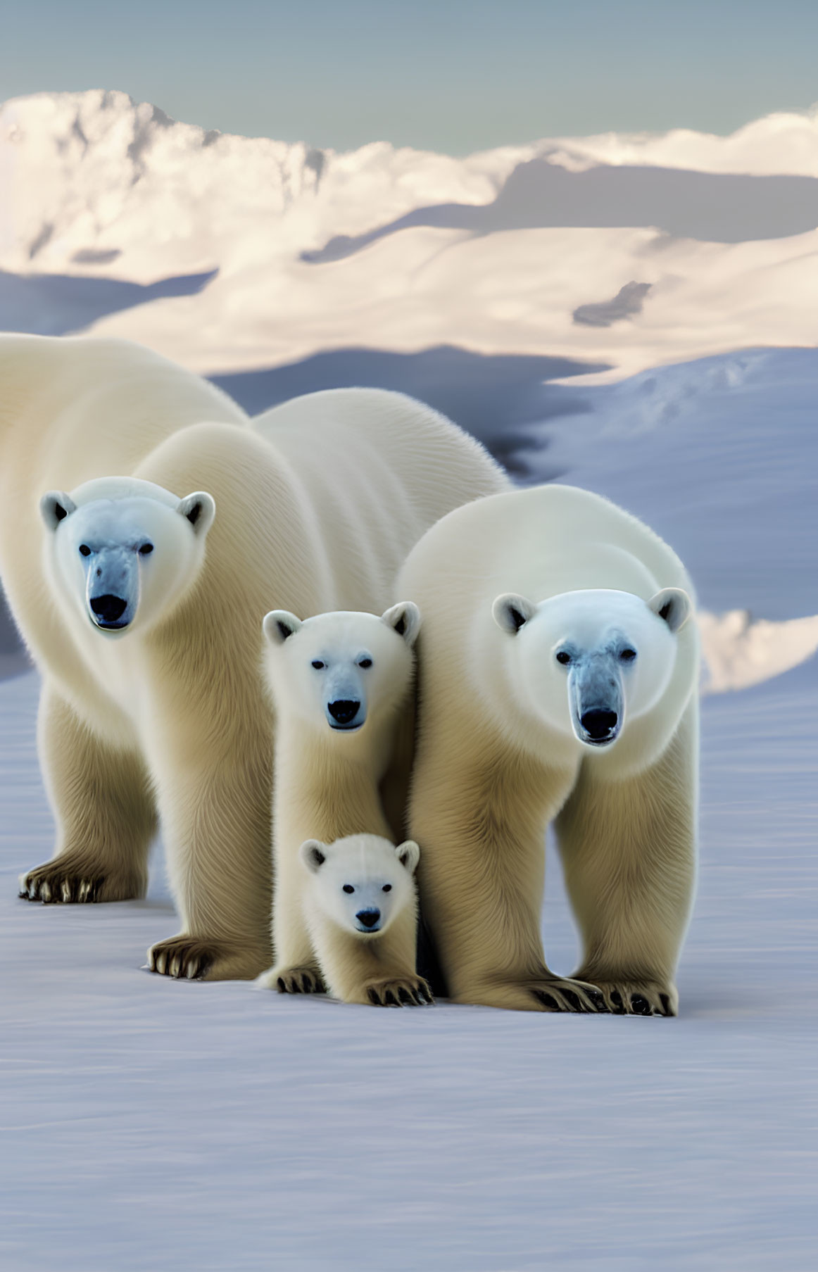 Family of Four Polar Bears in Snowy Mountain Landscape