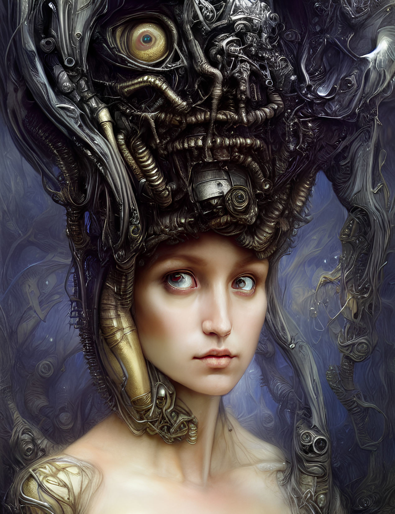 Surreal portrait of young woman with mechanical parts and large eye on smokey backdrop