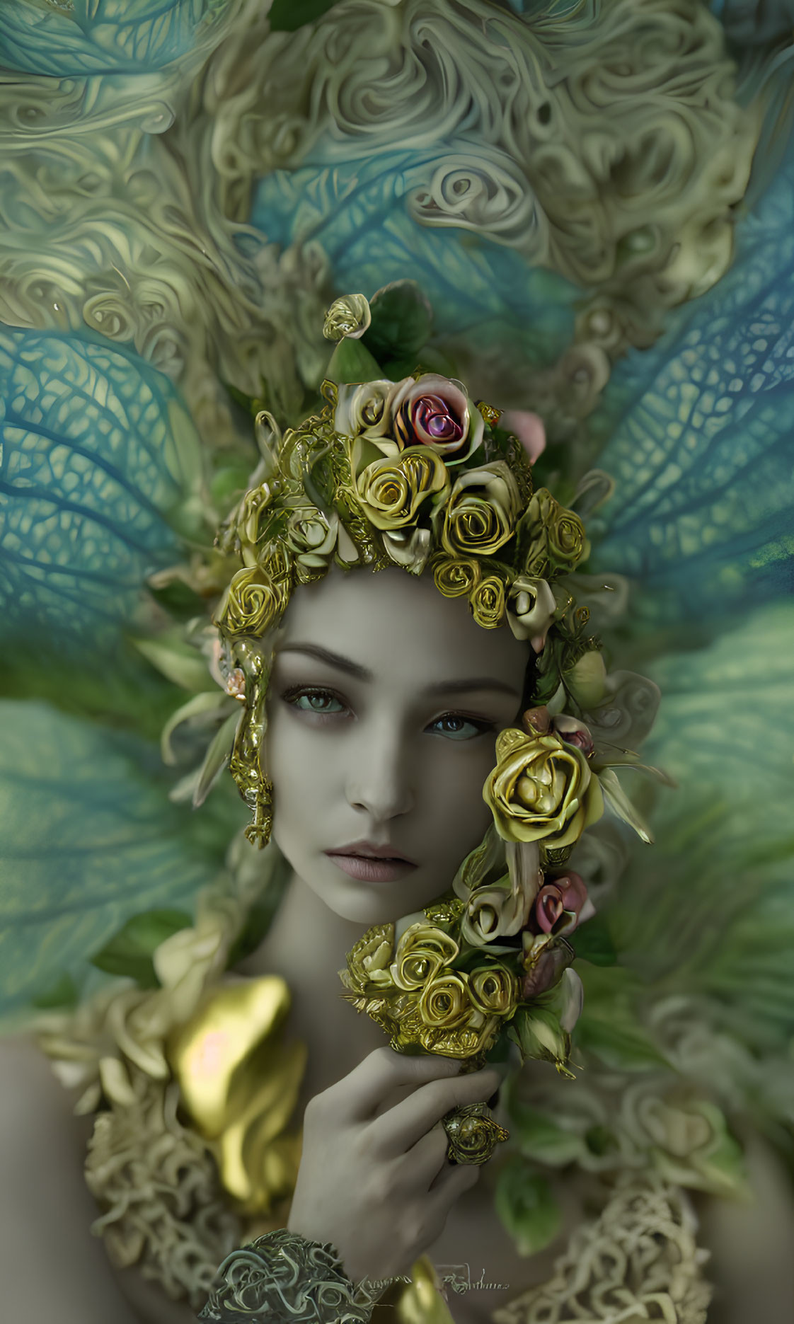 Ethereal portrait of woman with golden floral adornments and blue butterfly wings.
