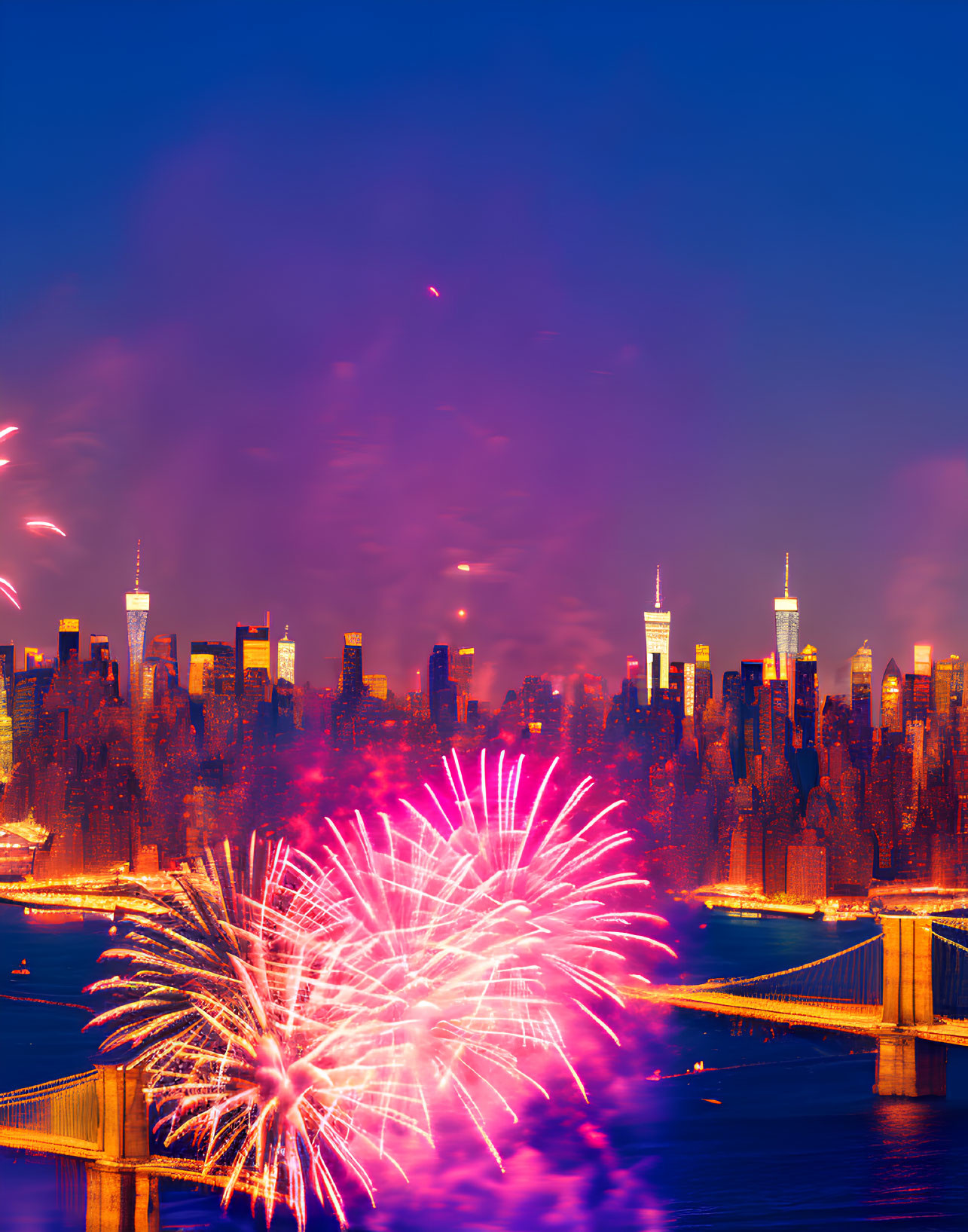 Colorful fireworks illuminate city skyline at dusk