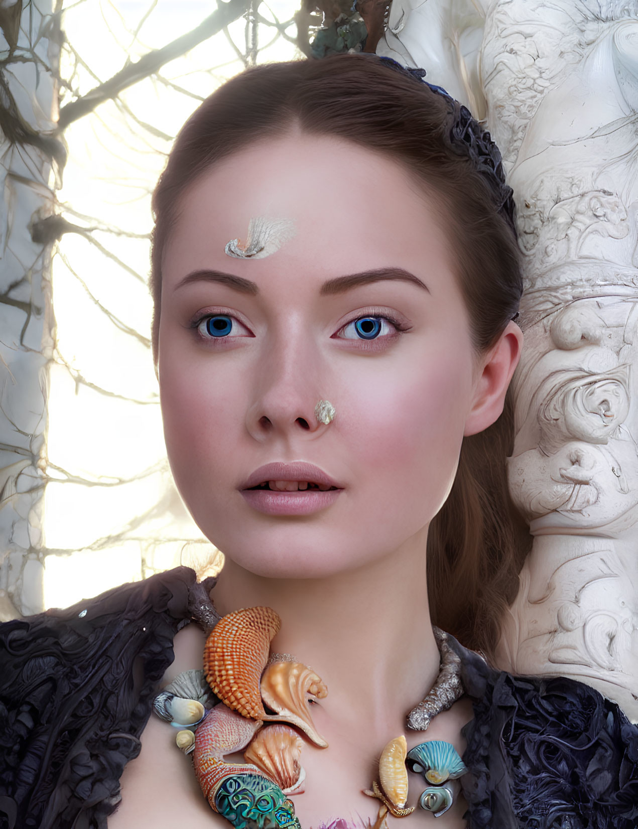 Portrait of Woman with Blue Eyes and Shell Adornment