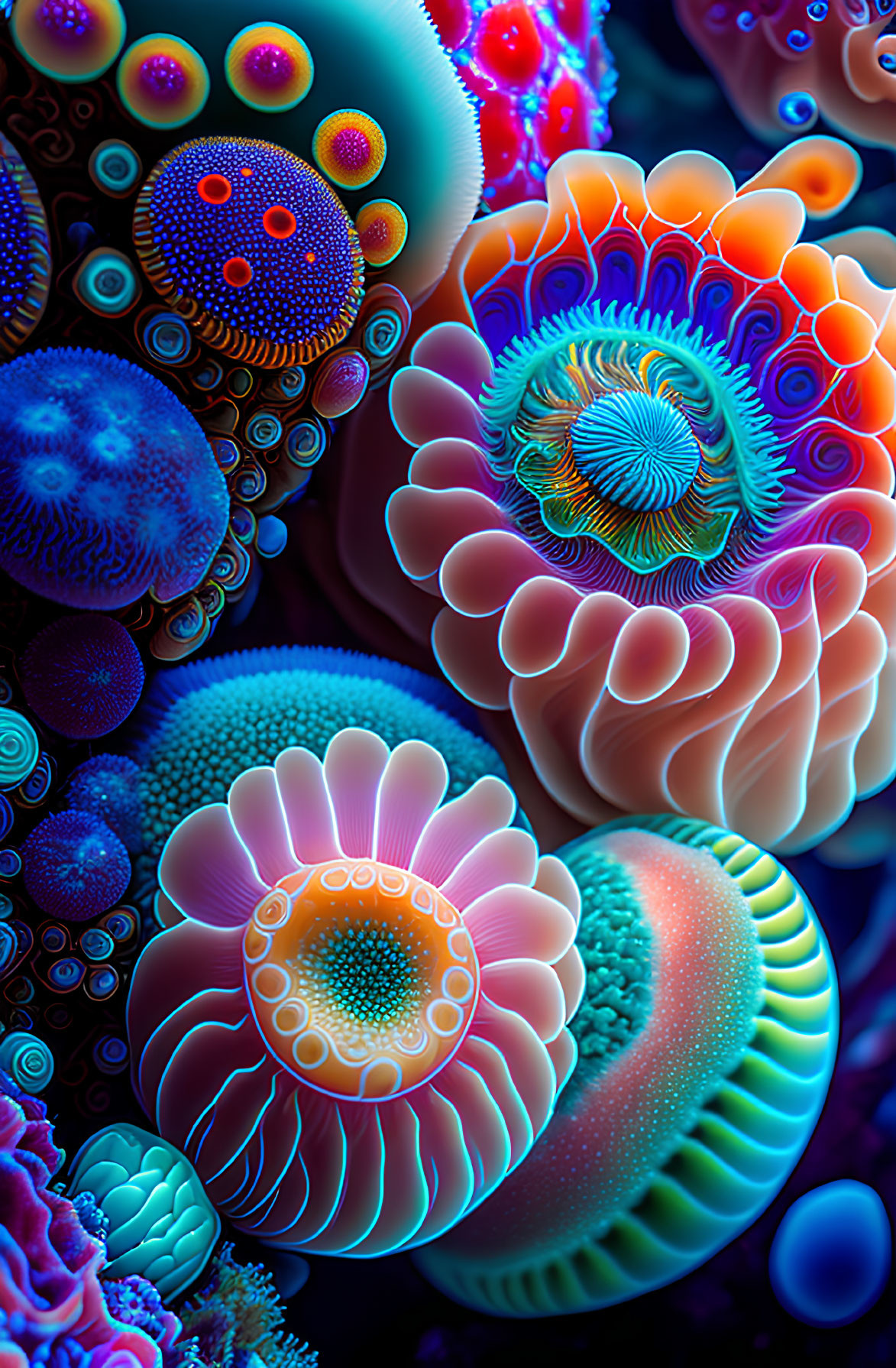 Colorful Abstract Digital Artwork with Intricate Sea Anemone-Like Patterns