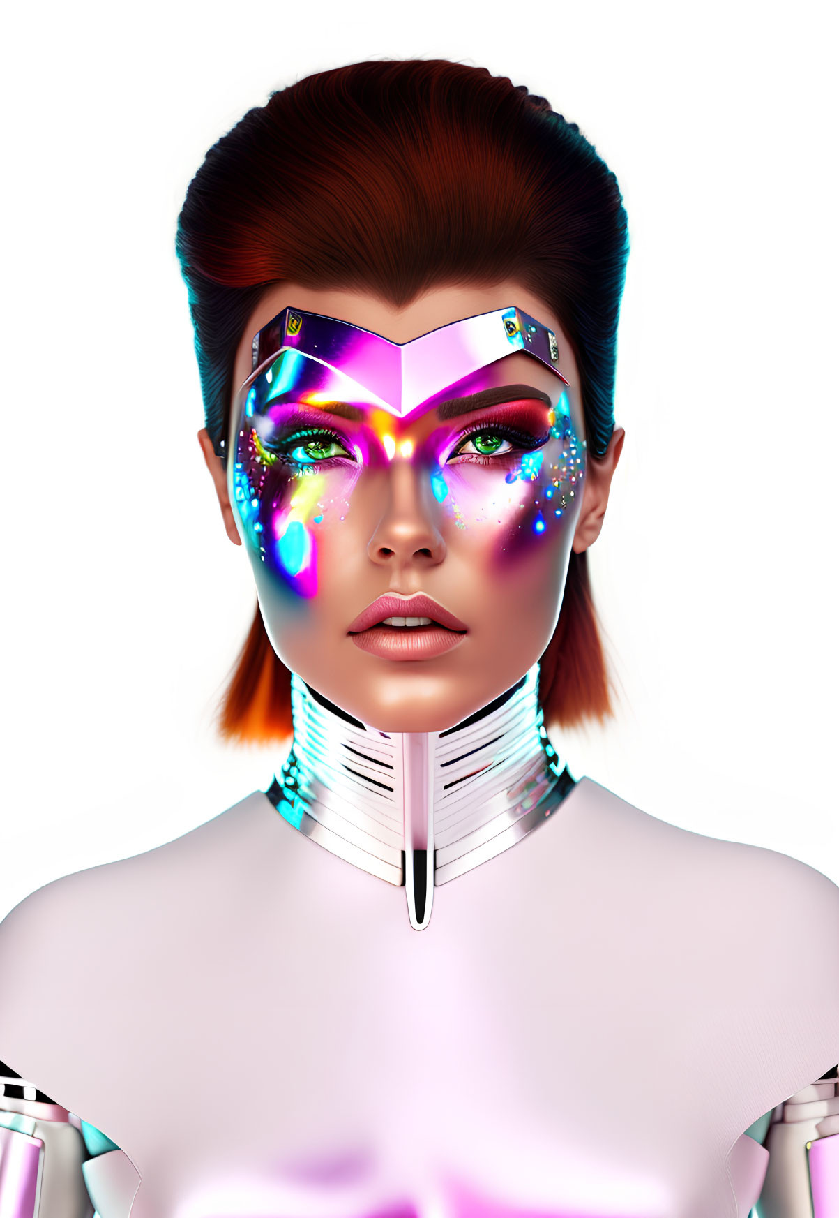 Futuristic female figure with cosmic makeup and illuminated visor