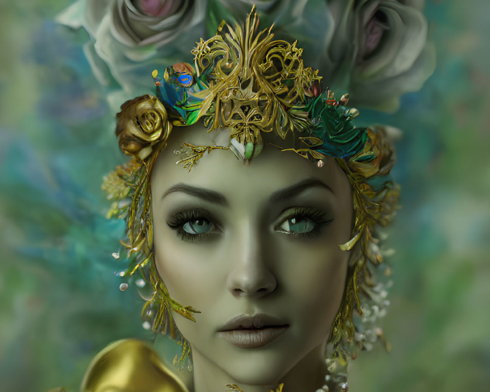 Woman adorned with floral crown and golden headpiece with shimmering shoulder embellishment