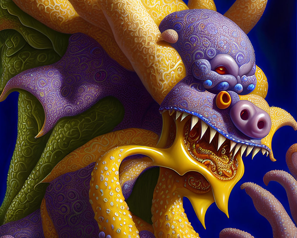 Colorful digital illustration of a whimsical purple dragon with yellow patterns and twisting horns on dark blue backdrop