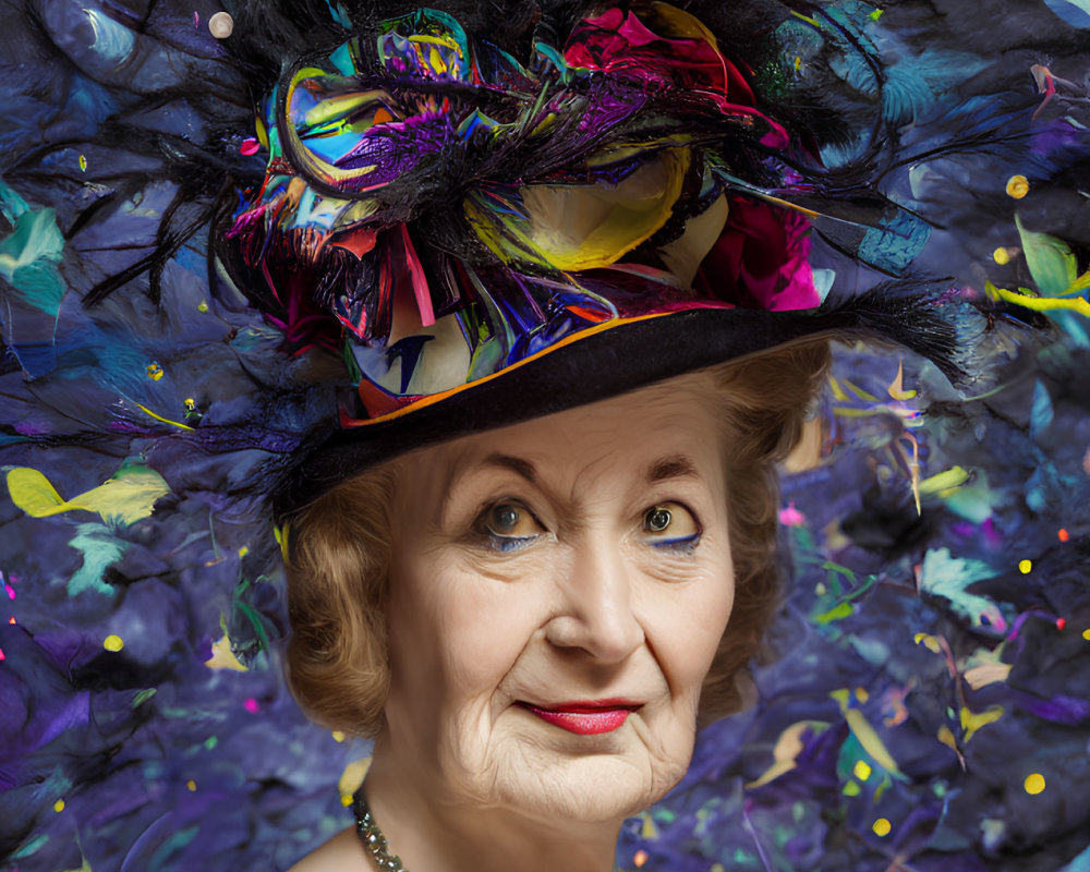 Elderly woman in flamboyant hat with feathers and confetti