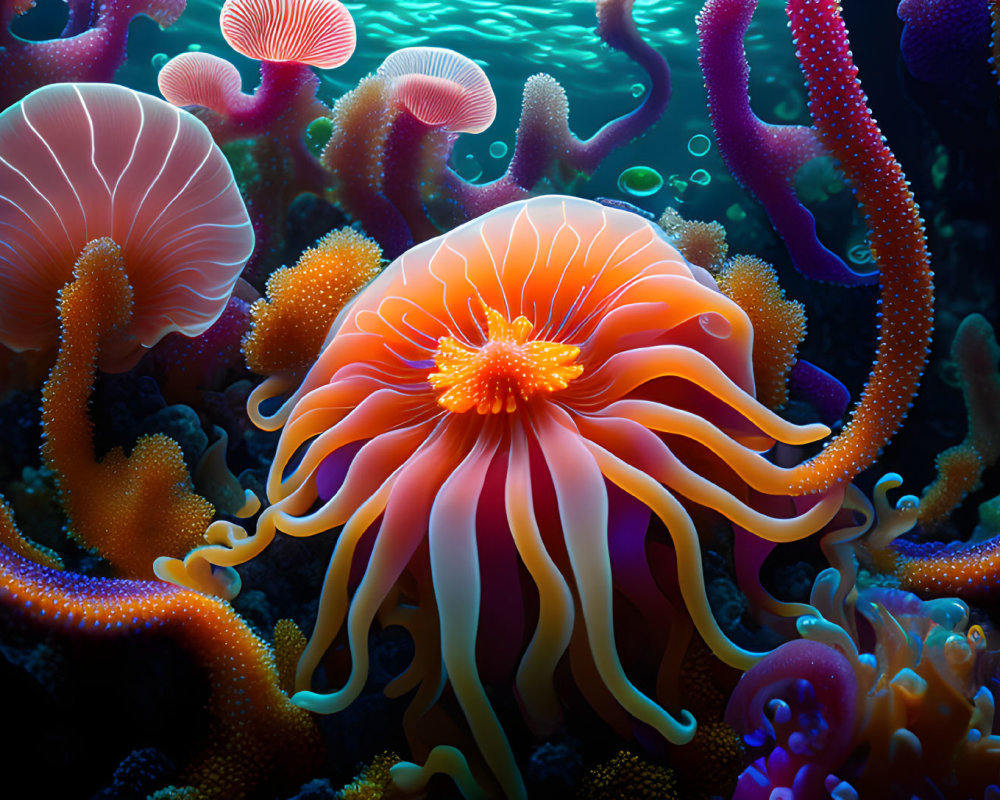 Colorful Underwater Scene with Orange Jellyfish and Coral
