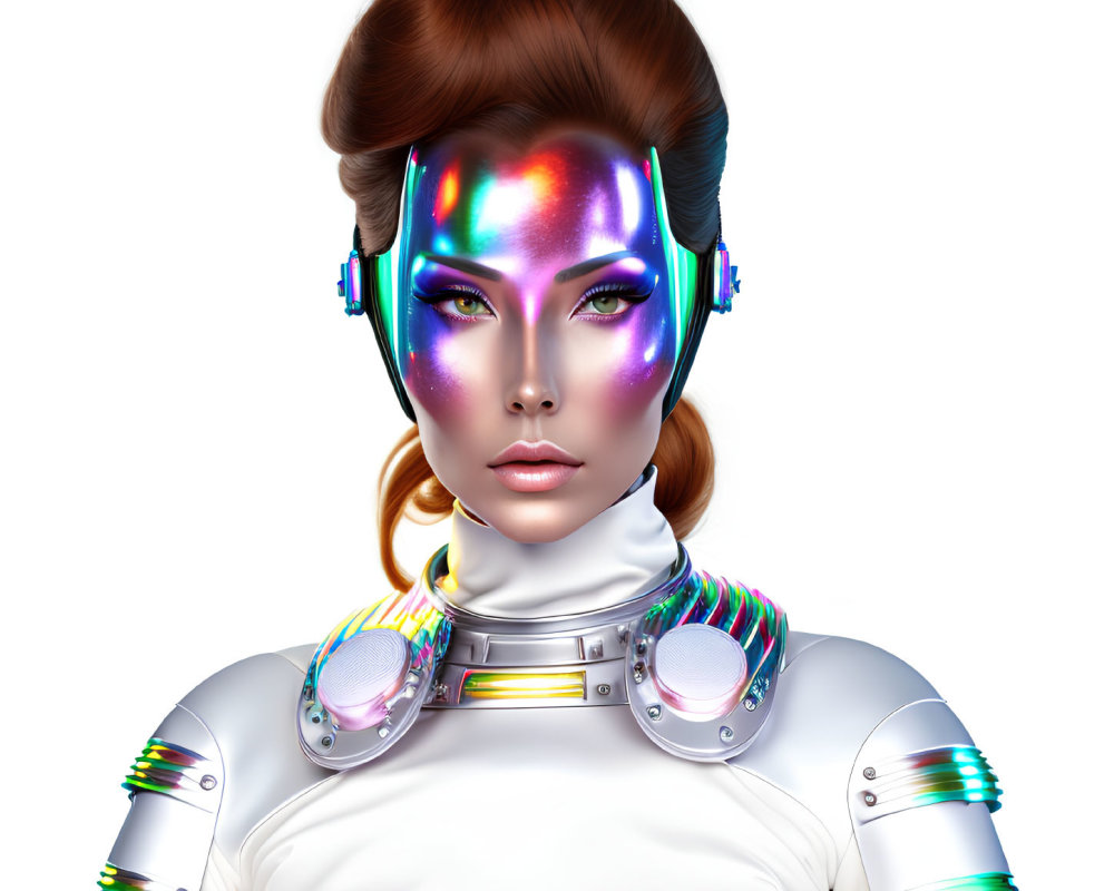 Futuristic female robot with iridescent facial features in white suit