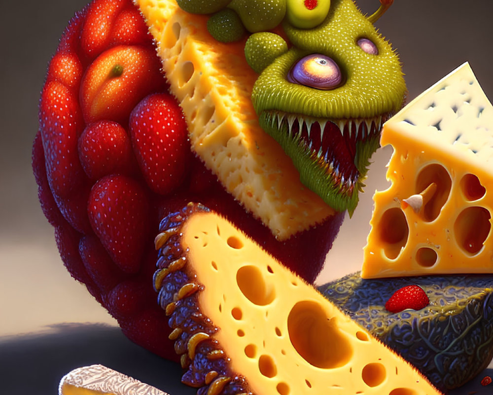 Colorful Fruit and Cheese Creature with Strawberry Skin and Pineapple Mouth