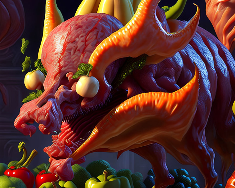 Surreal creature with chicken body and octopus tentacles among fruits and vegetables in dark setting