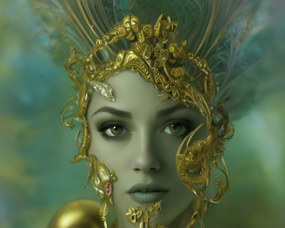 Elaborate golden headdress portrait with peacock feather details