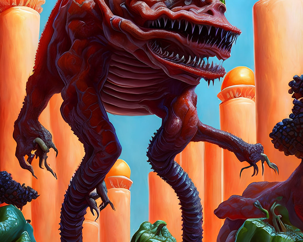 Vivid artwork featuring a monstrous creature in a surreal vegetable-filled setting