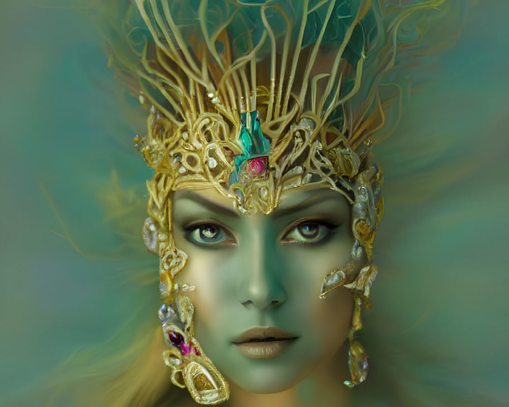 Surreal portrait of person with golden headpiece and green eyes
