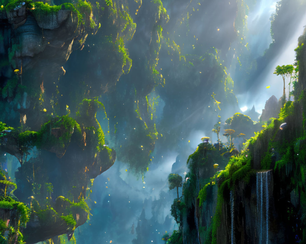 Mystical landscape with floating islands and waterfalls