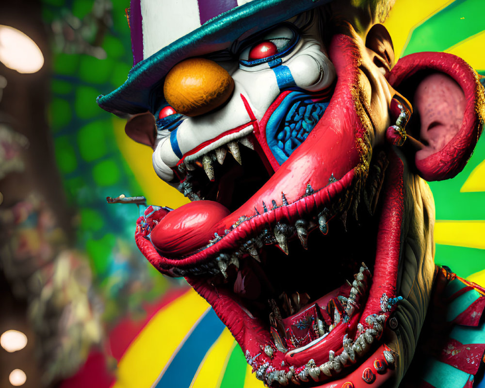 Colorful surreal clown with exaggerated features on a psychedelic background