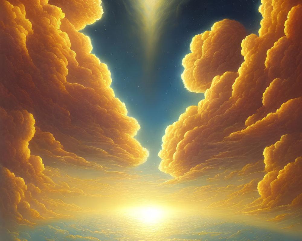 Golden clouds and celestial light in starry sky scene