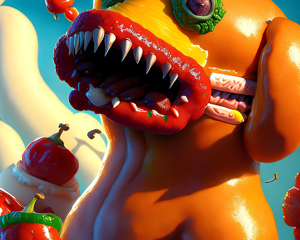 Vibrant surreal artwork: humanoid figure with food features