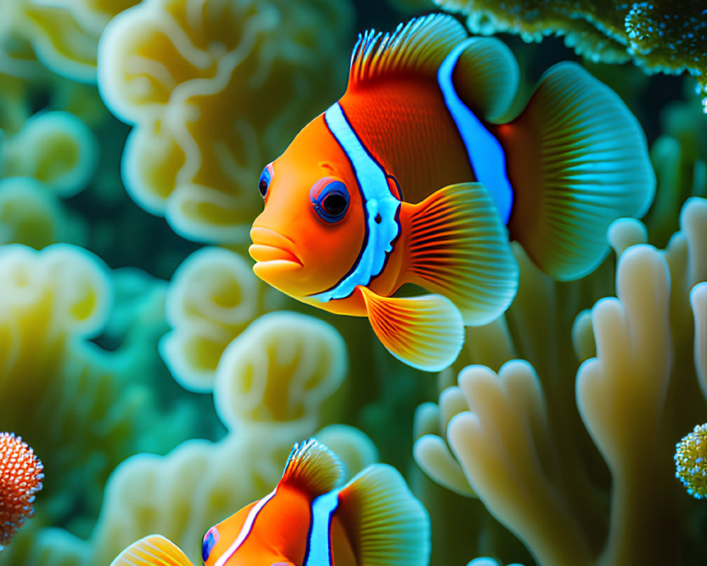 Colorful Underwater Scene with Vibrant Clownfish and Sea Anemones