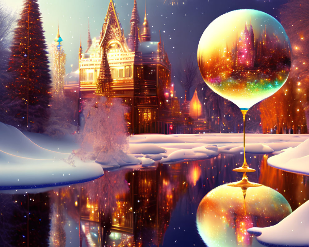 Magical winter scene: reflective orb, snow, river, fir trees, illuminated building, fireworks