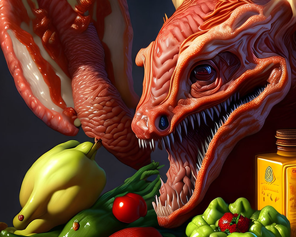 Detailed red dragon with colorful fruits and vegetables on dark background