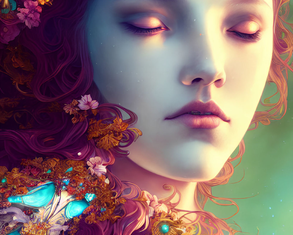 Surreal portrait of woman with pink hair, blue skin, and floral butterfly elements