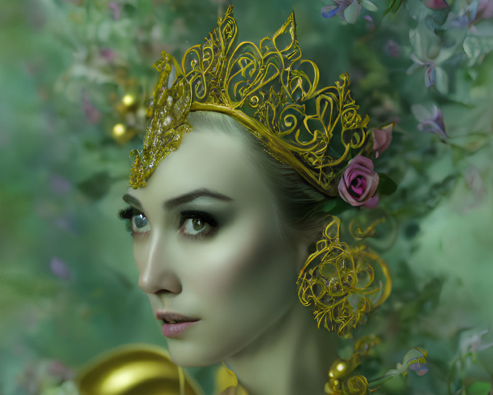 Woman with Golden Crown Surrounded by Greenery and Roses