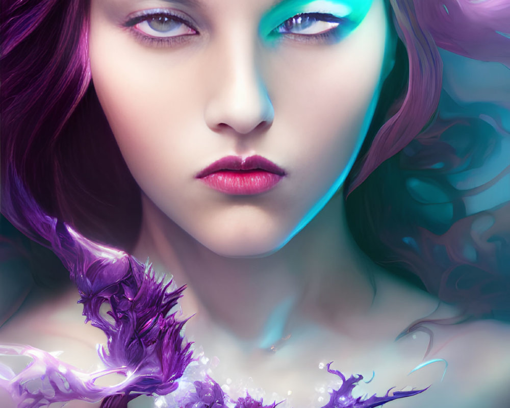 Fantasy illustration of woman with purple hair and glowing blue eyes