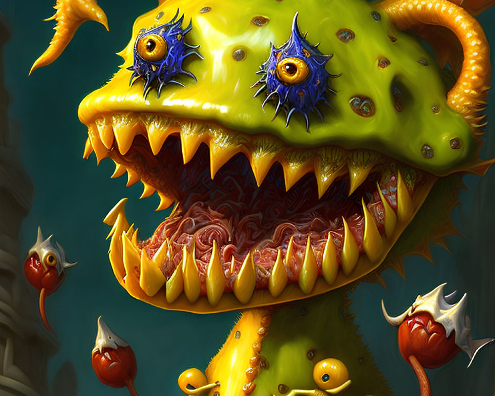 Colorful fantastical creature with multiple eyes, sharp teeth, and tentacles on mysterious background