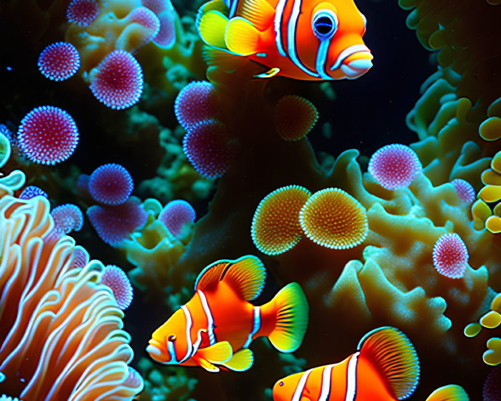 Colorful Clownfish and Sea Anemones in Underwater Scene