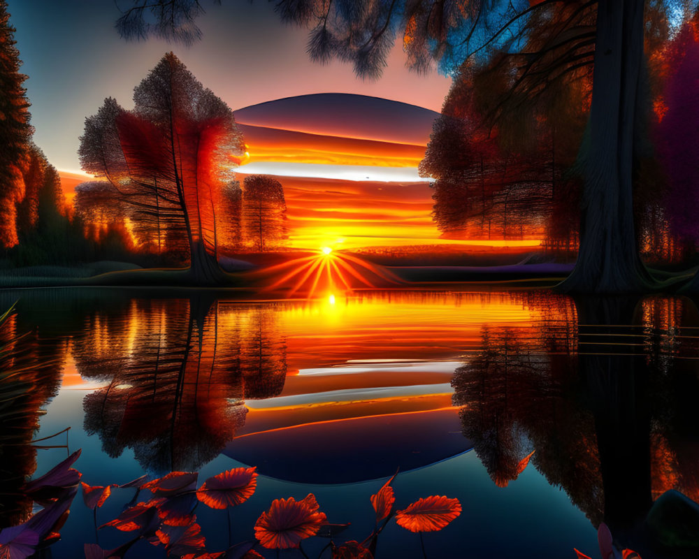 Serene lake sunset with radiant orange hues and silhouetted trees