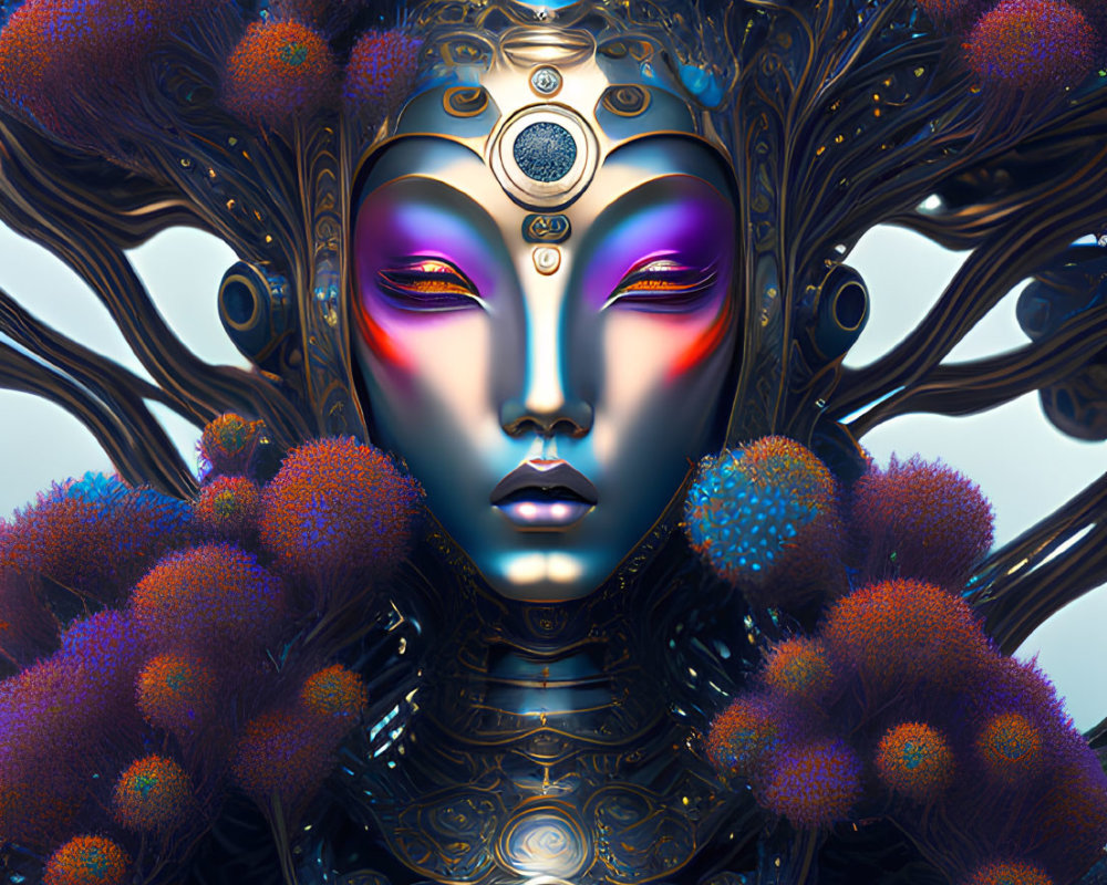Detailed futuristic digital artwork of symmetrical ornate figure with deity-like elements and metallic patterns.