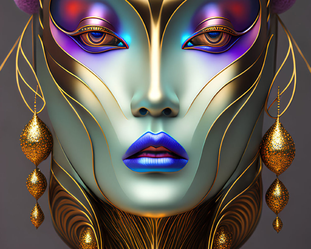 Stylized digital artwork: Female figure with ornate gold and purple headpiece, vibrant makeup,