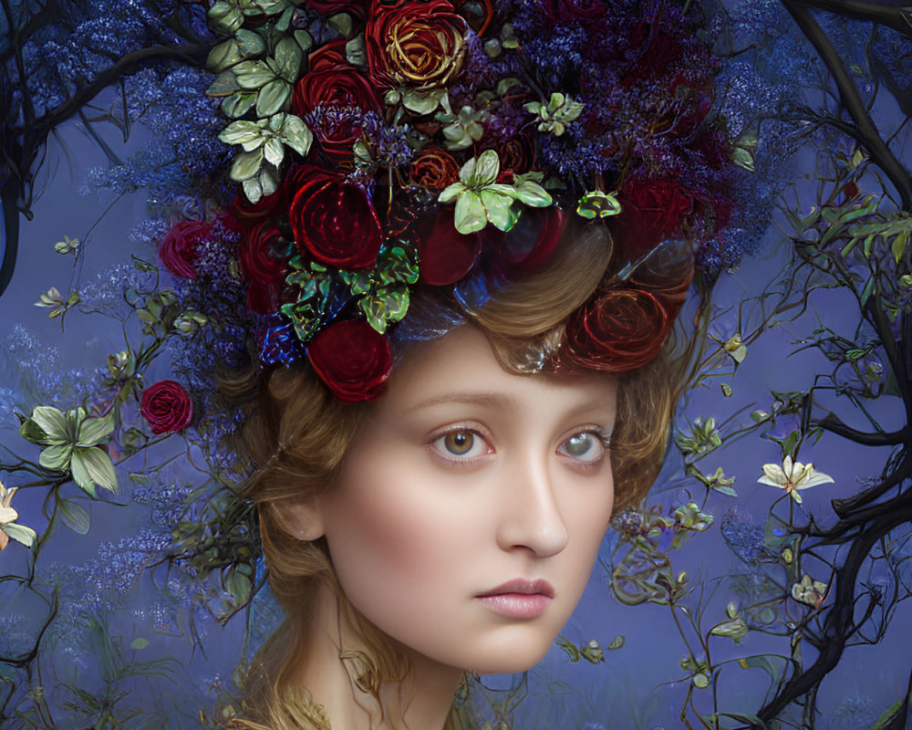 Portrait of woman with vibrant flower crown against botanical backdrop