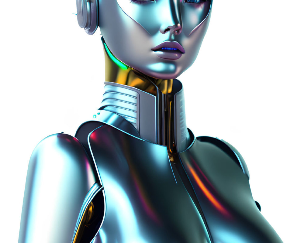 Futuristic female humanoid robot with glossy metallic surface and purple-tinted eyes