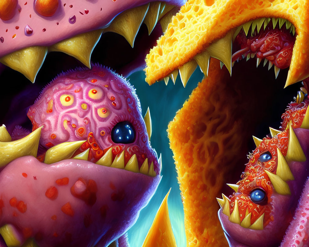 Colorful Fantasy Creatures with Sharp Teeth and Textured Skin