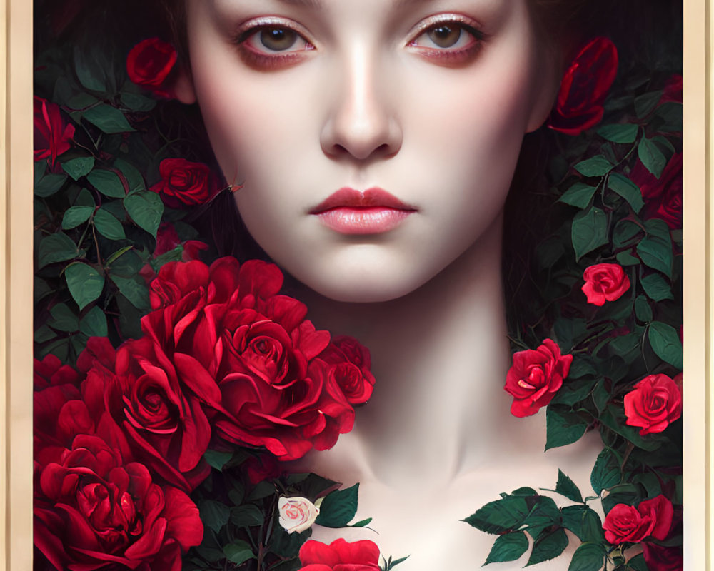 Portrait of woman with pale skin amidst red roses and green leaves, serene expression.