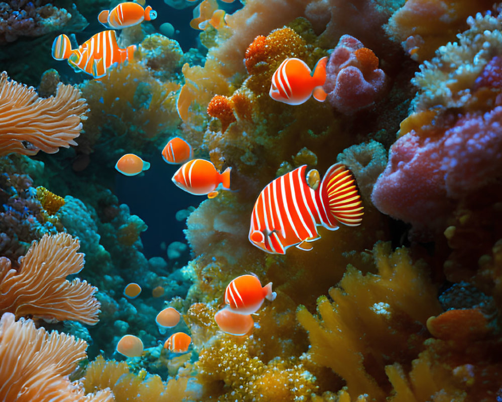 Vibrant orange-and-white striped fish in colorful coral reefs