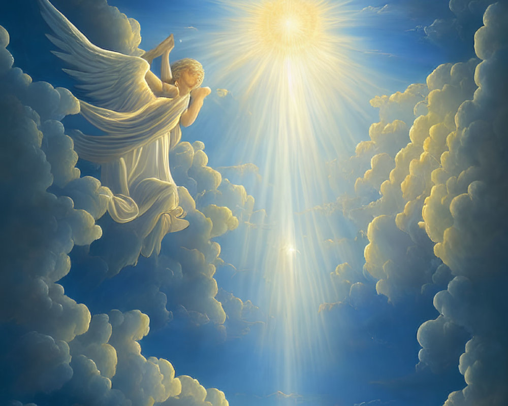 Angel with trumpet ascending towards radiant light in fluffy clouds